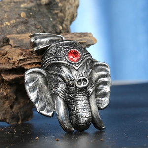 Vintage elephant head pendant in silver titanium steel with red gemstone accent