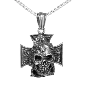 Gothic Punk Stainless Steel Skull Dragon Iron Cross Pendant Retro Distressed Metal Necklace Jewelry For Men Unisex Jewelry Accessory