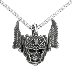 Stainless Steel Gothic Eagle Skull Pendant Necklace Vintage Punk Winged Helmet Black Rhinestone Inlaid Men Jewelry Accessory