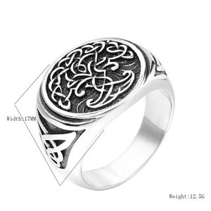 Men's retro stainless steel Tree of Life signet ring with Celtic knot details, 17mm width