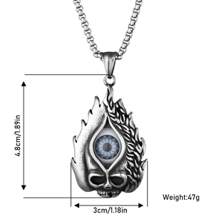 Pendentif gothique flamme en acier inoxydable avec œil du diable bleu et tête de mort