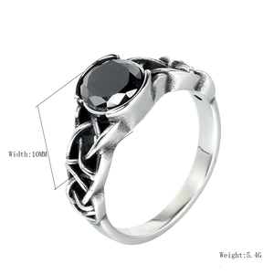 Vintage Tree of Life gemstone ring with Celtic knot patterns in black stainless steel