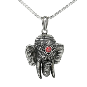 Vintage elephant head pendant necklace with red gemstone and silver box chain for men