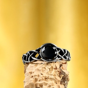 Vintage Celtic Knot Tree of Life Heart Ring with Round Black Gemstone in Silver Finish