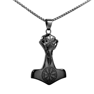 Pendente Mjölnir vichingo con teschio di corvo e bussola Vegvísir su catena in metallo