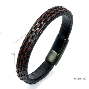 Men's braided leather bracelet with black magnetic clasp, 12mm width, 22g weight
