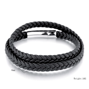 Men's retro multi-layer braided leather bracelet with silver magnetic metal clasp