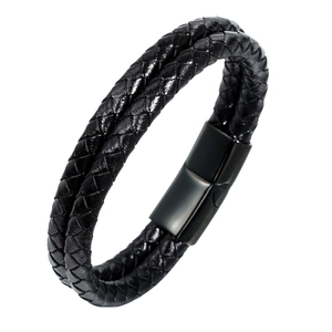Bracelet Homme Mode en Cuir Tressé Double Couche Avec Fermoir Magnétique en Acier Inoxydable Bijoux Décontractés Rétro