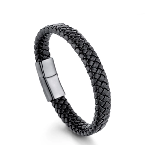 Bracelet tendance en cuir tressé noir pour homme avec fermoir magnétique en métal poli