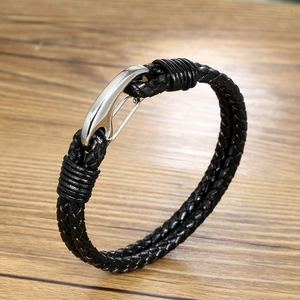Men's hand-woven black leather bracelet with a polished silver stainless steel clasp