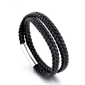 Men's multilayer black braided leather bracelet with polished silver magnetic clasp