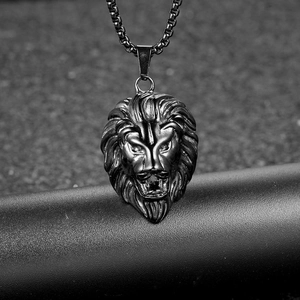 Collier pour homme avec pendentif tête de lion en acier inoxydable noir mat et chaîne en O