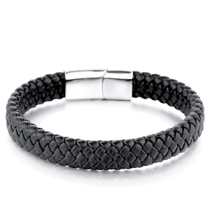 Bracelet en cuir noir tressé avec fermoir magnétique en acier inoxydable pour hommes