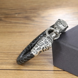 Men's retro tiger head braided leather bracelet with vintage metal magnetic clasp