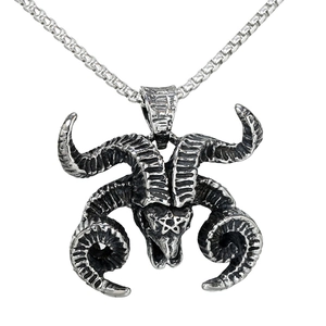Gothic goat head Baphomet pendant necklace with pentagram on stainless steel box chain