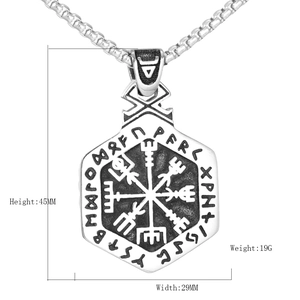 Viking Vegvisir compass necklace in stainless steel with Nordic runes, 45mm x 29mm pendant