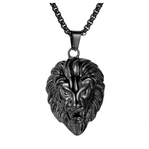 Collier pendentif tête de lion noir en acier inoxydable pour homme avec chaîne box