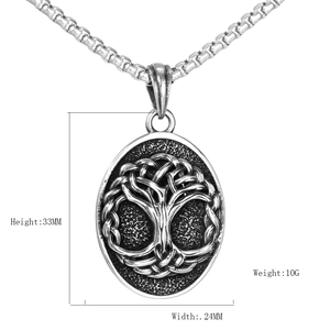 Vintage stainless steel Tree of Life oval pendant necklace for men with size details