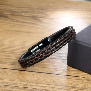 Vintage men's braided leather bracelet with black magnetic stainless steel clasp