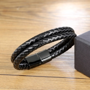 Bracelet pour homme en cuir tressé noir double couche avec fermoir magnétique en métal