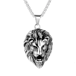 Collier pour hommes avec pendentif tête de lion en acier inoxydable poli