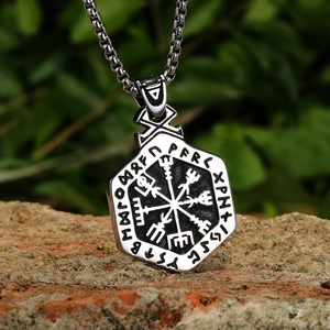 Nordic Viking Vegvisir compass necklace in aged titanium steel with a vintage box chain