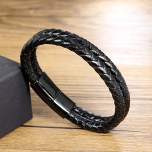 Bracelet pour homme en cuir noir tressé double couche avec fermoir magnétique en métal