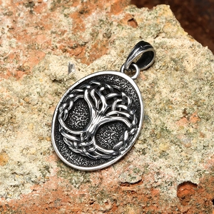 Vintage stainless steel Tree of Life pendant necklace with Celtic knot details on rock