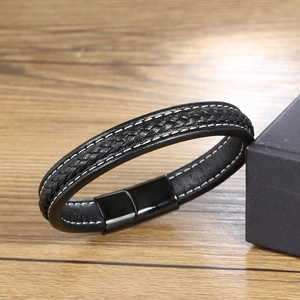 Braided black leather bracelet with white stitching and black magnetic metal clasp