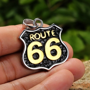 Hip-Hop Route 66 Schildanhänger Halskette in Schwarz und Gold aus Edelstahl