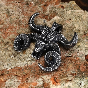 Gothic goat skull pendant in vintage stainless steel finish with inverted pentagram symbol