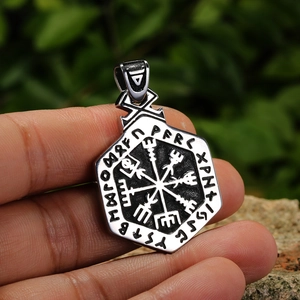 Vintage stainless steel Viking Vegvisir compass pendant with Nordic runes for men