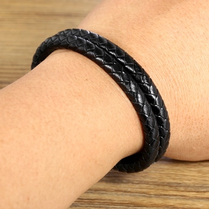 Bracelet double rang en cuir tressé noir classique pour homme avec fermoir en acier
