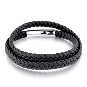 Vintage Men Multi Layer Braided Leather Bracelet With Stainless Steel Magnetic Clasp Black Cord Wristband Casual Fashion Jewelry