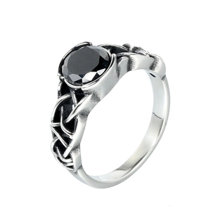 Vintage Stainless Steel Celtic Knot Tree Of Life Ring For Men Black Rhinestone Inlaid Nordic Mythology Band Jewelry