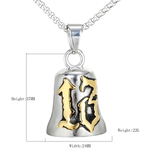 Gothic punk motorcycle bell necklace with engraved number 13 and vintage silver finish