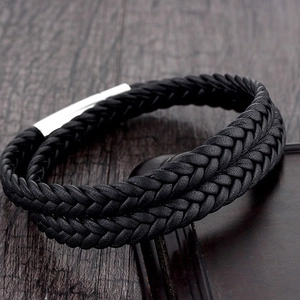 Men's double-layered braided black leather bracelet with polished silver magnetic clasp