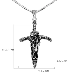 Gothic sword necklace pendant with skull relief in vintage stainless steel finish