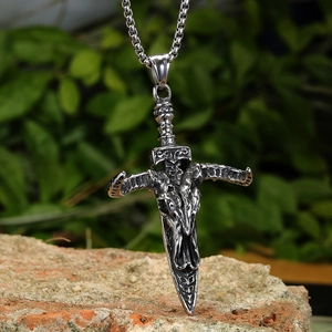 Vintage titanium steel long sword necklace with ram skull pendant on a box chain