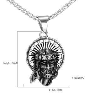Collier hip hop avec pendentif tête de Jésus argenté, strass et chaîne box