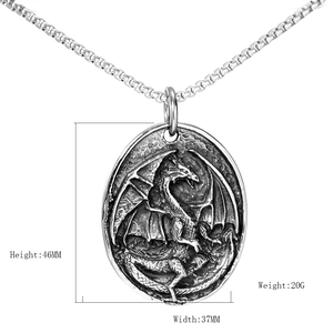 Vintage dragon embossed oval pendant necklace in oxidized stainless steel with square chain