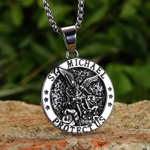 Silver St. Michael protector medallion pendant on a beaded chain with a punk rock finish