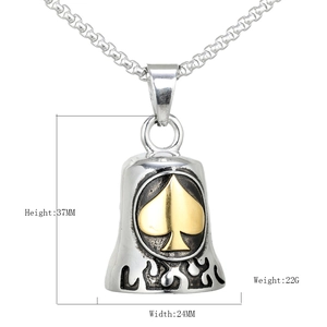Vintage Punk Two-tone Stainless Steel Spade Bell Pendant Necklace Flame Pattern Jewelry For Men Women Rock Biker Style