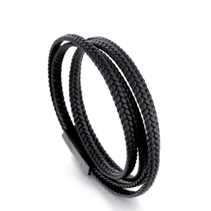 Bracelet multicouche en cuir tressé noir pour homme avec fermoir magnétique mat