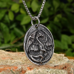 Vintage stainless steel dragon pendant necklace with embossed relief and box chain