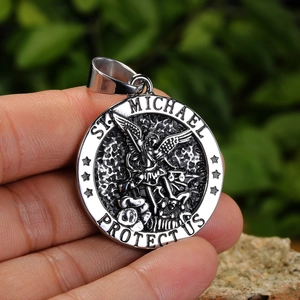 Handheld vintage St. Michael circular pendant in stainless steel for men and women