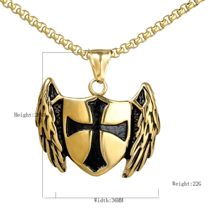 Gold medieval shield necklace with black cross and wings on a stainless steel box chain