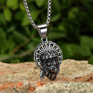 Hip hop style stainless steel Jesus pendant necklace with zircon thorns on a rocky surface
