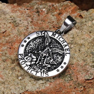 Saint Michael Archangel religious pendant necklace in retro stainless steel finish