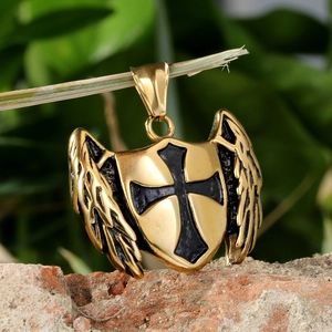 Macro shot of gold stainless steel shield pendant with black cross and feather wings